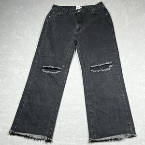 Princess Polly Jeans Size 10 Black Distressed Wide Leg Denim High Rise Pockets